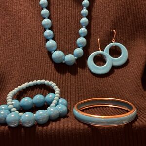 Turquoise Blue Beaded Jewelry Set - Necklace, Earrings, Bracelets